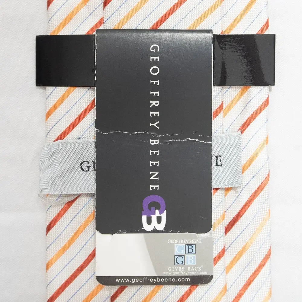 New Geoffrey Beene 100% Silk White Striped Neck Tie Necktie